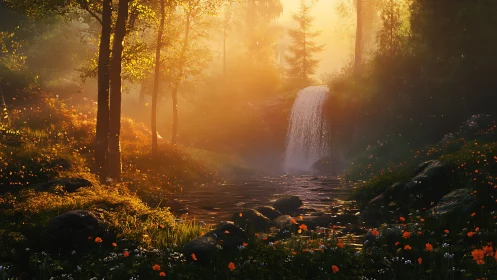 Sunlit forest waterfall in glowing golden mist at dawn.