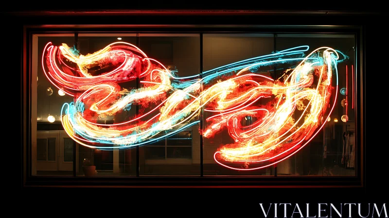 Neon light abstraction across storefront window at night.