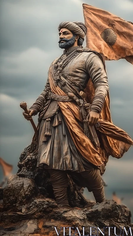Heroic warrior statue rendered in dramatic photoreal detail