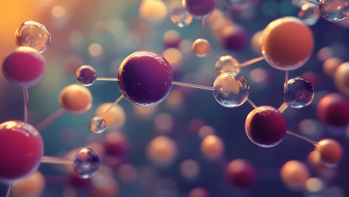 3D molecular network with glossy spheres and bokeh depth of field
