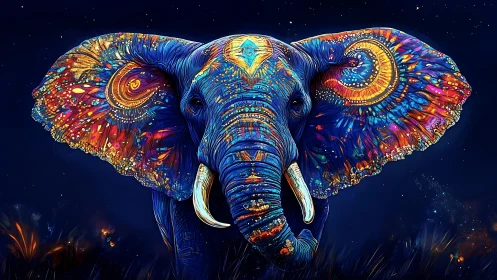 Elephant stands front-facing with neon multicolored ears spread