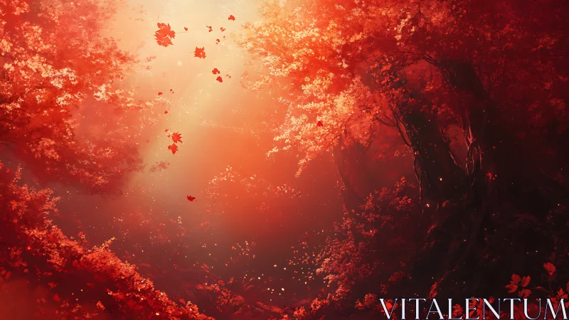 Crimson forest canopy with drifting leaves in radiant light.