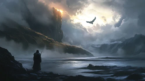 Lone cloaked figure in icy valley under soaring eagle.