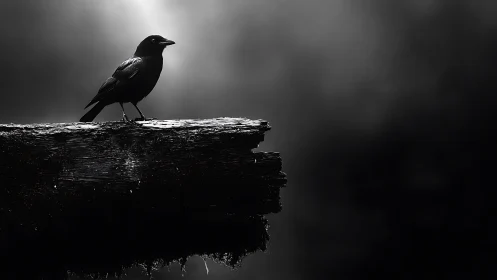 Solitary Corvid Positioned on Weathered Wooden Outcrop Against Atmospheric Monochromatic Backdrop