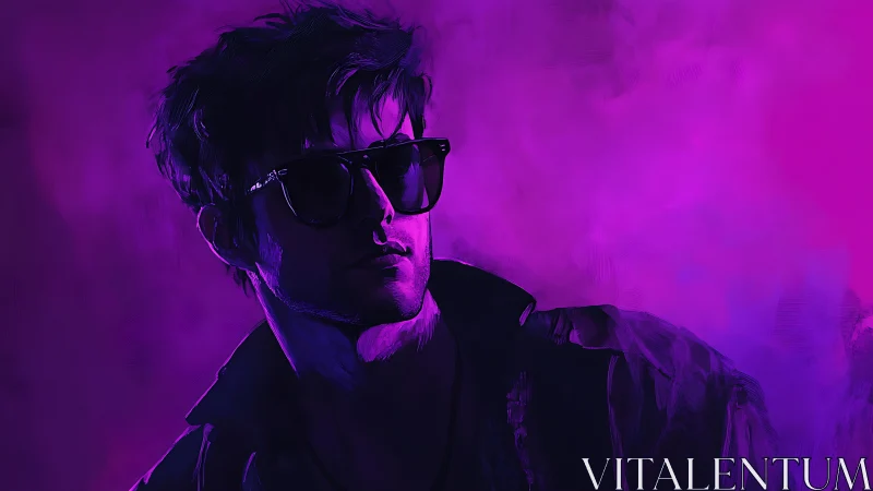 Man in sunglasses stands in purple neon cinematic lighting