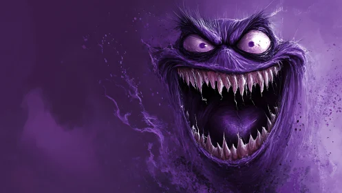 Purple monster head shows wide open mouth with sharp teeth