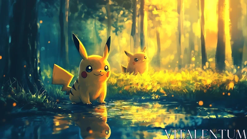 Pikachu duo explore glowing forest beside reflective stream.