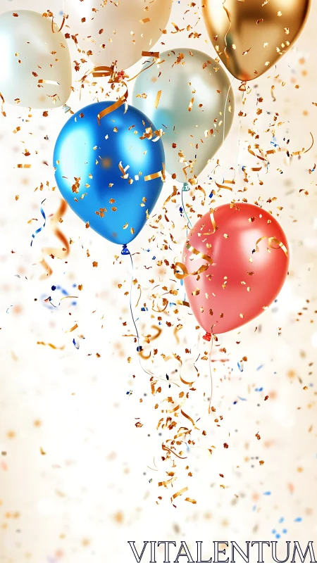 Colorful balloons with gold and blue confetti falling on white background
