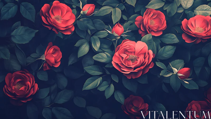 Vibrant red roses bloom against dark foliage in moody garden.