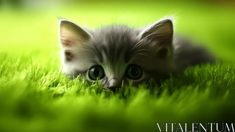 Young gray tabby kitten exploring grass with alert expression.
