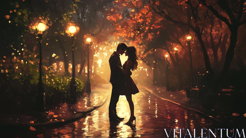 Couple Kissing Under Autumn Streetlights at Night.