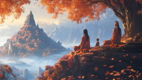 Monks observe misty mountain temple under autumn canopy.