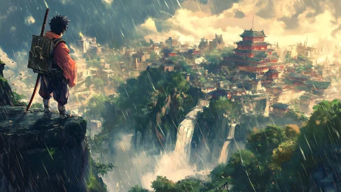 Lone traveler surveys rain-soaked cliff city of waterfalls.