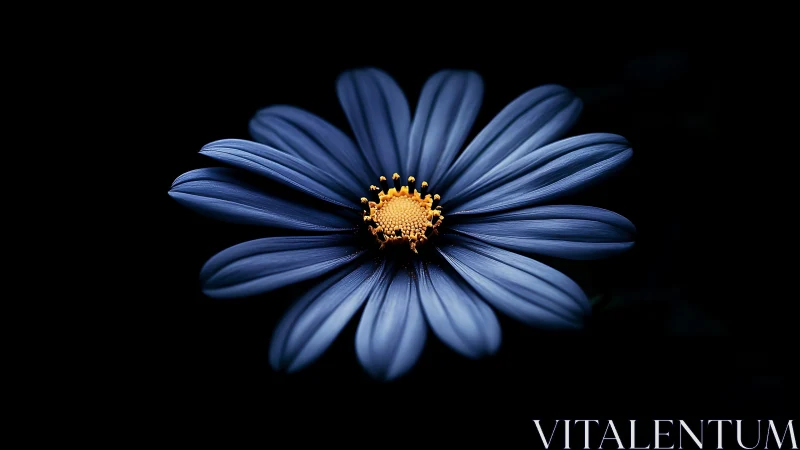 Blue Daisy with Golden Center on Black Background.