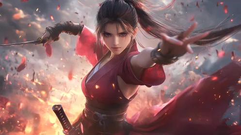 Dynamic anime warrior in red, cinematic action composition.