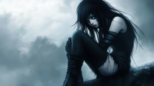 Melancholic dark-haired anime girl rests in a misty void.