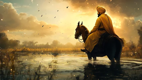 Mounted rider in turban sits in shallow water at sunset