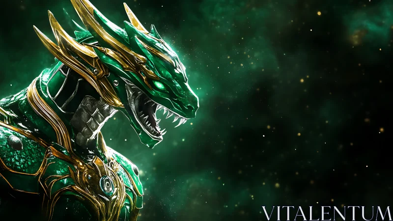 Emerald cyber dragon knight roars within cosmic void.