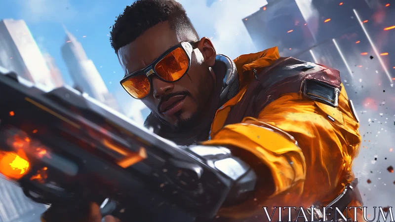 Cyberpunk soldier firing blazing rifle in neon cityscape.