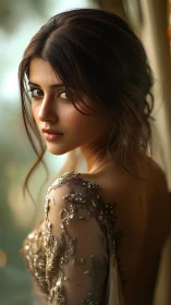 Portrait of woman in ornate embroidered evening gown.