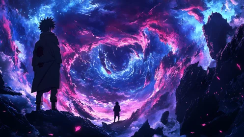 Silhouetted figures before swirling cosmic vortex sky.