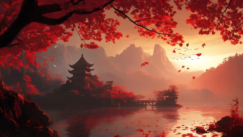 Mountain lake landscape with pagoda and red autumn foliage.