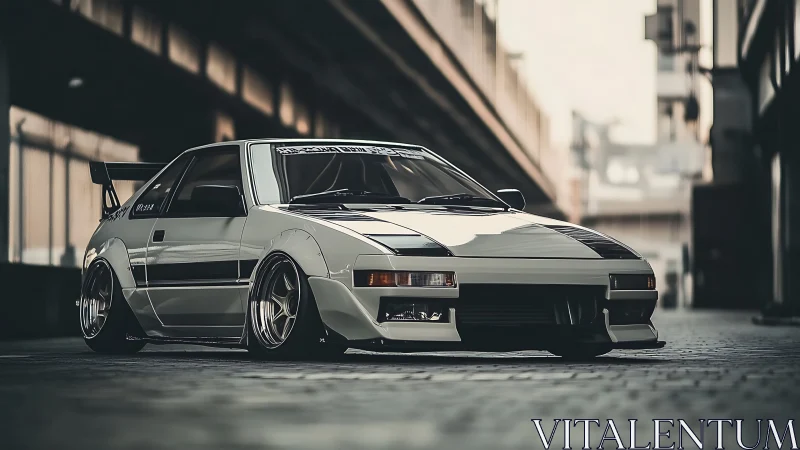Modified white coupe parked in urban alley under overpass.