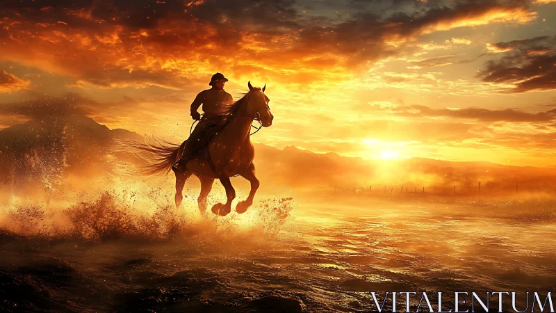 Rider on horseback crossing water under vivid sunset.