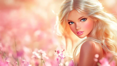Blonde digital portrait in luminous pink floral bokeh field.