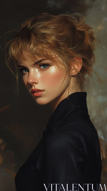 Young woman in black turtleneck portrait in warm light.