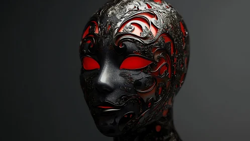 Cybernetic mask with filigree metal lattice and red emissive core