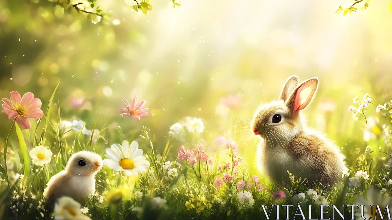 Backlit juvenile rabbit and chick in luminous floral meadow.