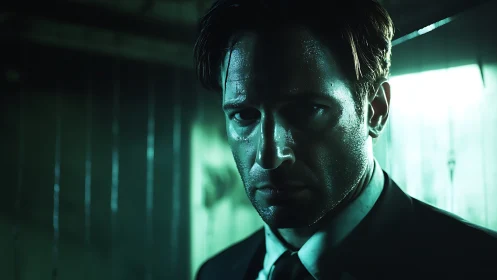 Sweat drenched man stands under harsh teal backlight