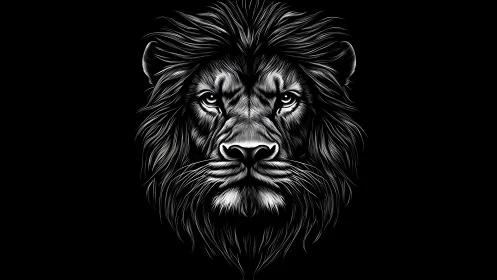 Monochrome lion face illustration centered on black background