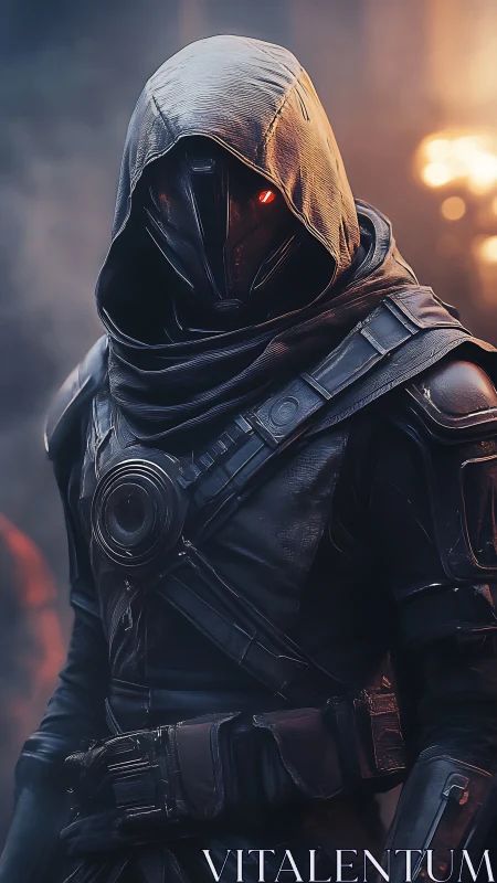 Hooded cybernetic sentinel stands in cinematic backlit haze