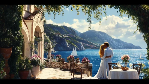 Coastal terrace scene with couple, mountains and sailboats.