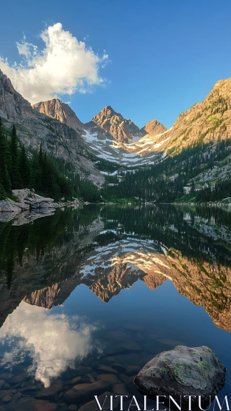 Mountain lake reflection under clear alpine evening sky.