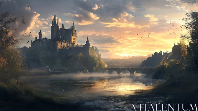 Twilight fortress over misted river in cinematic fantasy light.