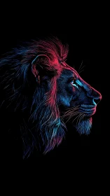 Neon line illustration of lion profile on black background.