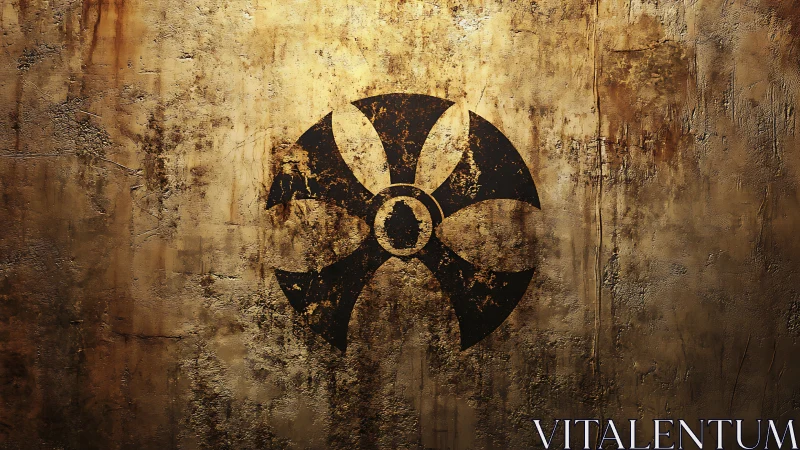 Grunge radiation emblem on distressed rusted concrete wall.