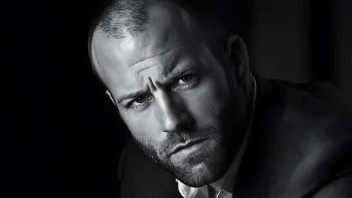 Brooding monochrome portrait etched in sculpted shadow lines.