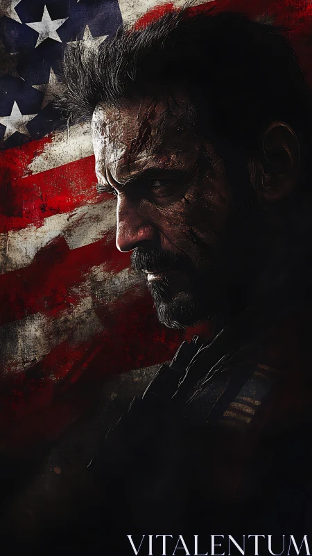 Scarred soldier’s profile before distressed US flag backdrop.