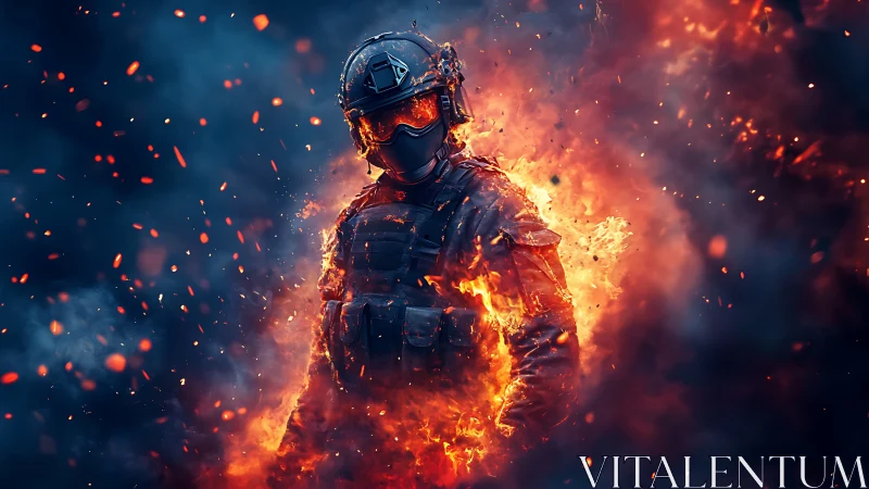 Armored tactical soldier engulfed in cinematic inferno glow.