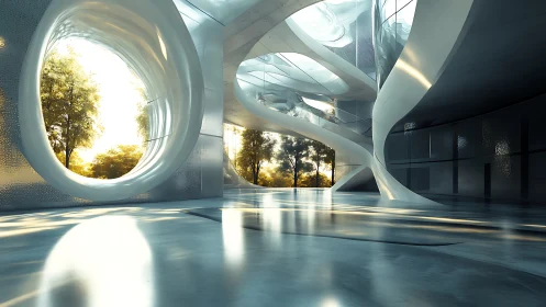 Futuristic Interior with Circular Portal and Golden Foliage.