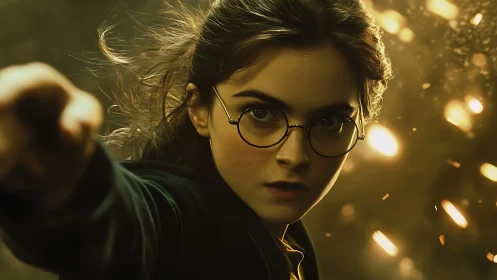 Young person with glasses extends arm amid glowing particles