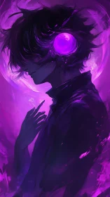 Profile silhouette with violet energy halo and headset orb.