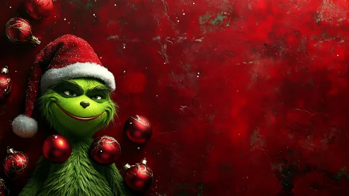Mischievous green creature in Santa hat with red baubles.