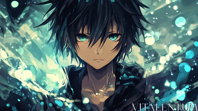 Anime portrait with teal energy effects and dynamic bokeh field.