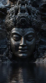 Stone-carved monumental head emerges from rock above water