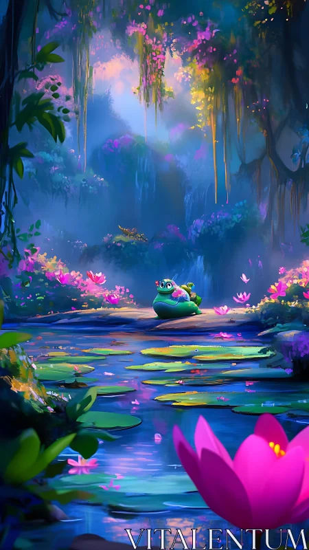 Luminous frog lagoon dreaming beneath cascading floral skies.